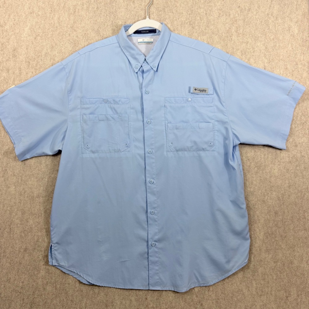Columbia Tamiami PFG Fishing Shirt Mens Large Blue Polyester Short Sleeve FM7266